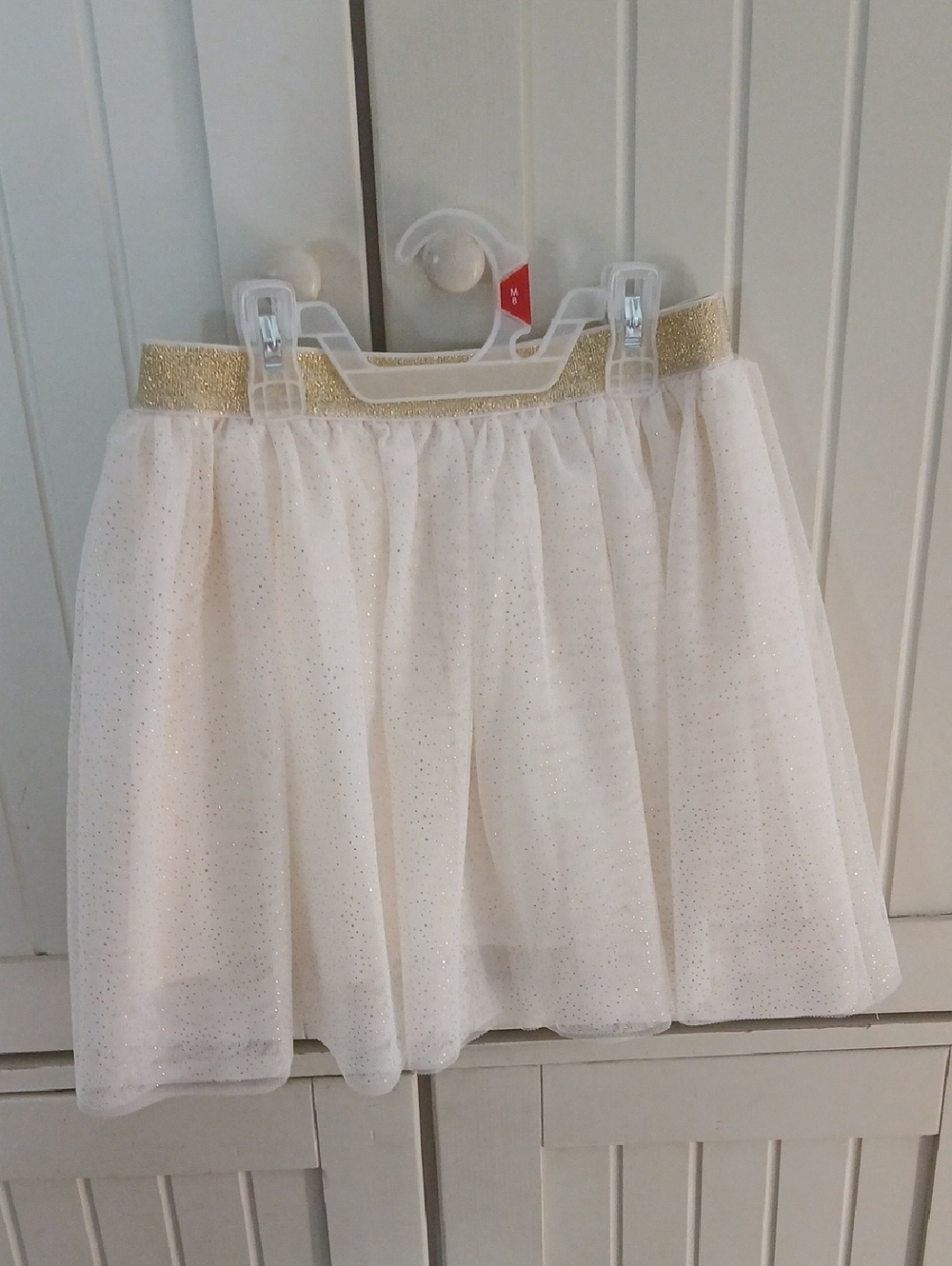 Girls Holiday Time White Tulle Skirt with Gold Elastic Waistband 7/8